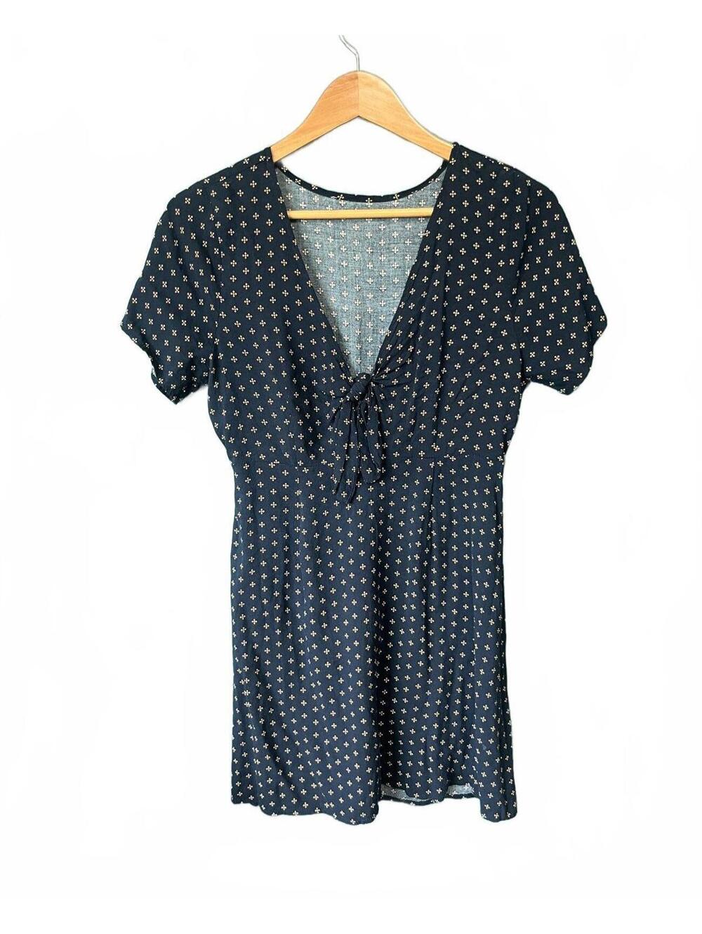 Navy Blue Patterned Short Sleeve Tie-Front Skater Tea Dress, Summer Boho Floral